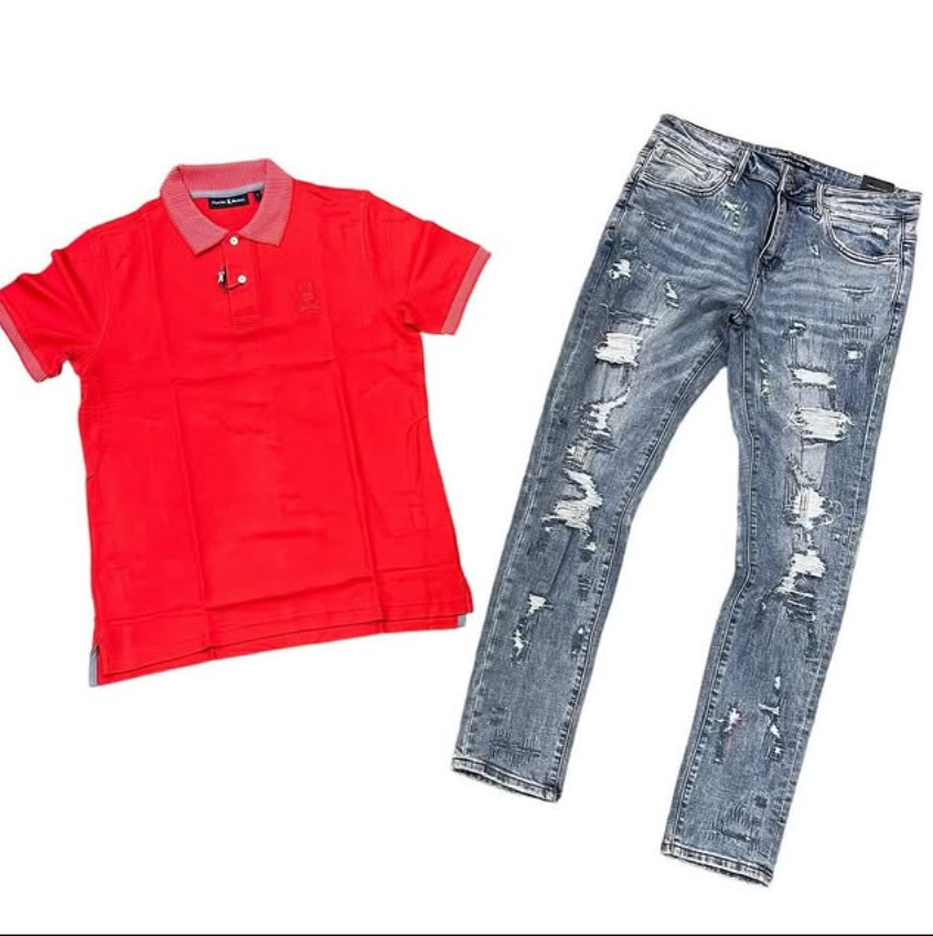 Red Polo + Ripped Jeans Fit