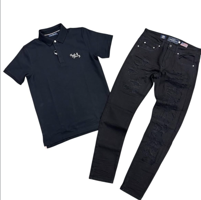 Navy Psycho Bunny Polo + Black Ripped Jeans Fit