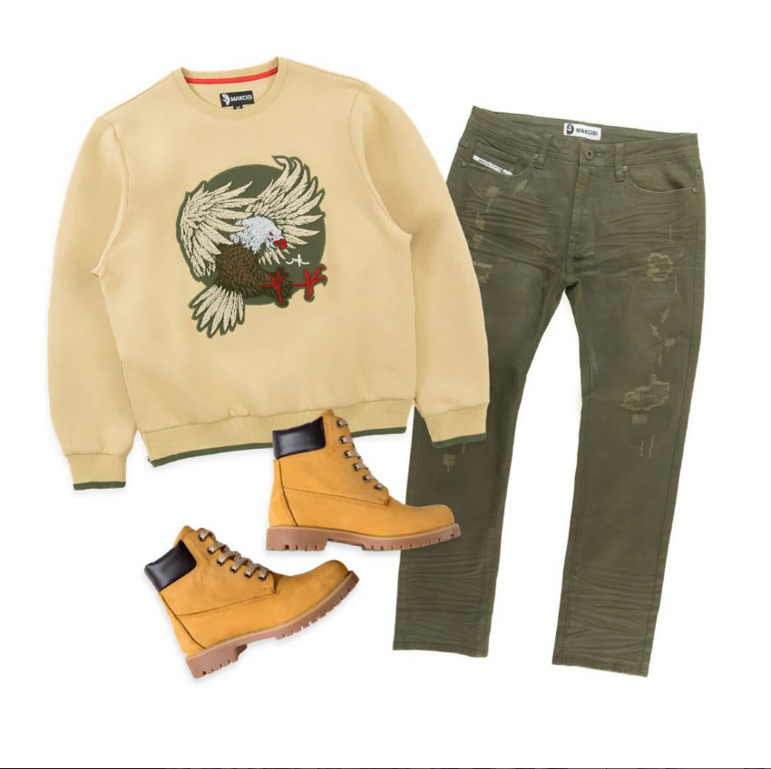 Makosi Eagle Crewneck + Olive Jeans + Timbs Fit