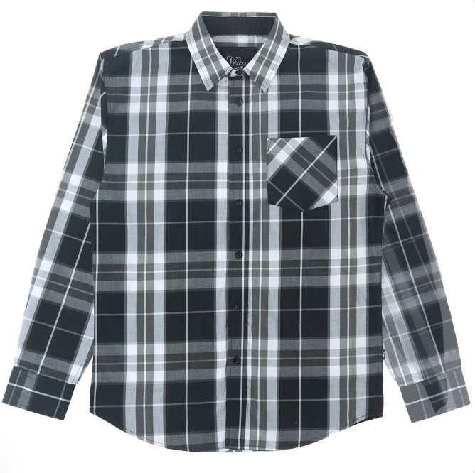 Veno Mens Button Down Long Sleeve - Black Grey Plaid