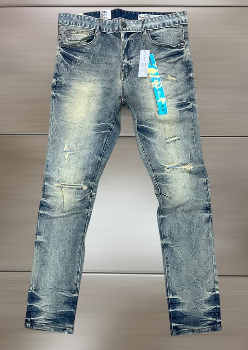 Smoke Rise Slim Jeans (Light Blue Crinkle Distressed Yellow Tag)