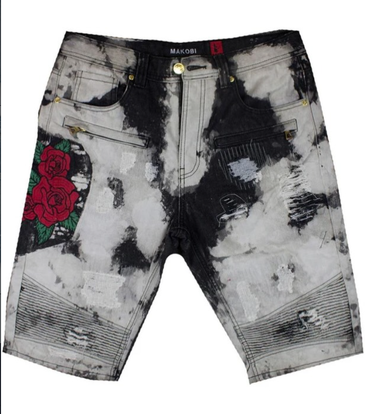 Black & White Tie-Dye Rose Embroidered Jorts