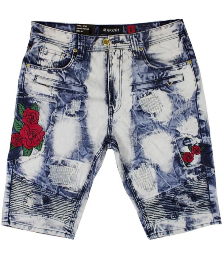 Blue Acid Wash Rose Embroidered Jorts