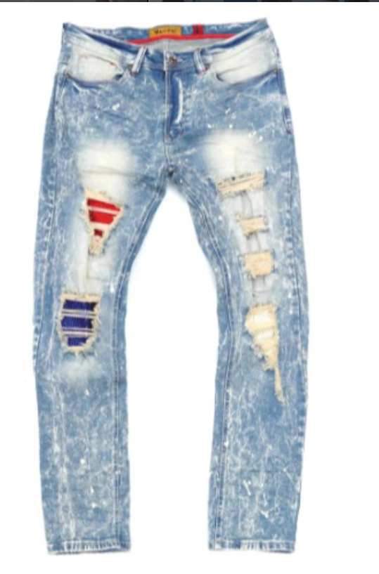 Makobi Mens Jeans - Light Blue Red Blue Patch