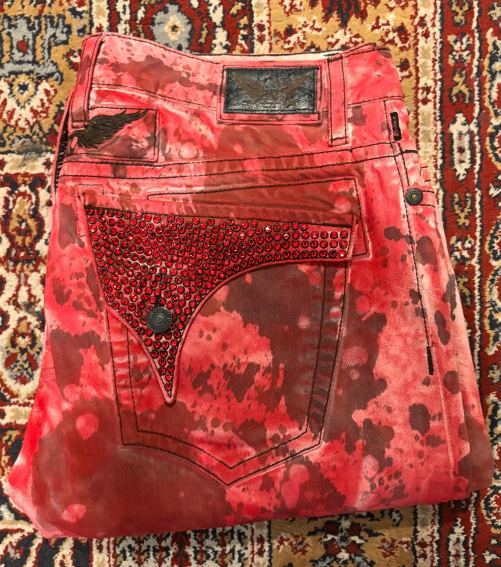 Robin's Jeans Red Tie Dye Red Rhinestone V-Pocket Denim