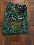 Robin's Jeans Green Studded Distressed Denim