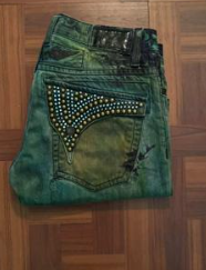 Robin's Jeans Green Studded Distressed Denim