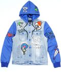 Graphic Hooded Denim Jacket - Blue