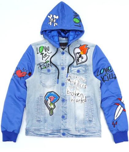 Graphic Hooded Denim Jacket - Blue