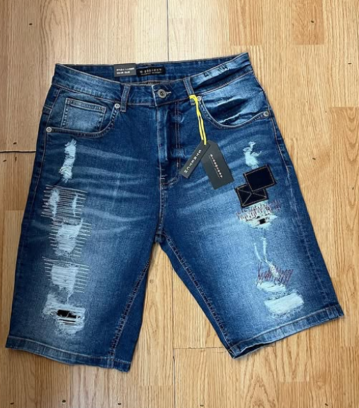 M.Society Medium Blue Patch Distressed Denim Shorts