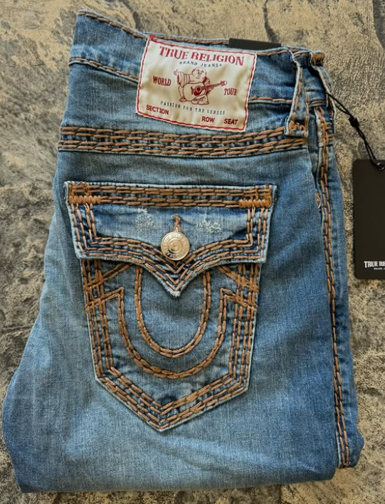 True Religion Straight Jeans (Light Blue Tan Brown Horseshoe Stitch)