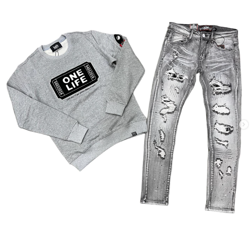Hood Classy Fit 305 - One Life Grey Crewneck Ripped Set