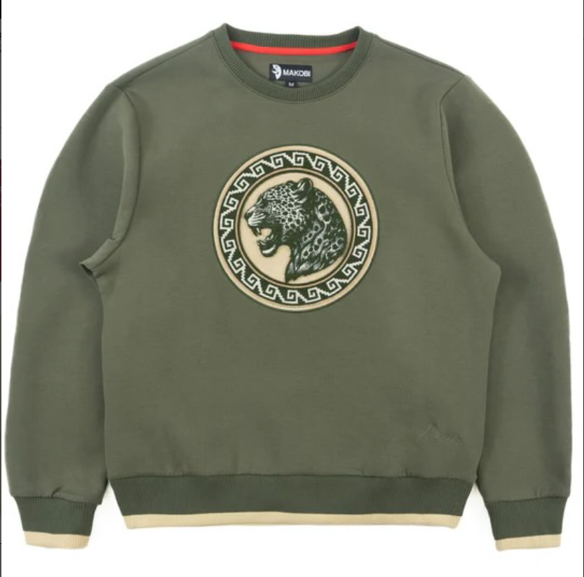 Makobi Mens Crewneck - Olive Leopard Patch