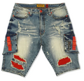 Light Wash Cargo Denim Shorts – Red Accents