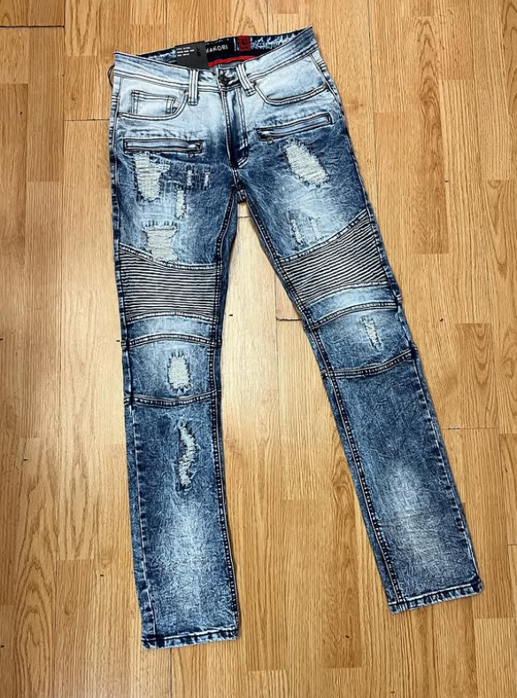 Makobi Ice Blue Moto Biker Distressed Jean