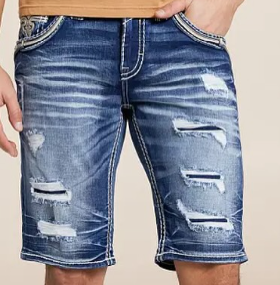 Dark Blue Rock Revival Distressed Jorts