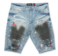 Light Wash Moto Denim Shorts – Paint Splatter