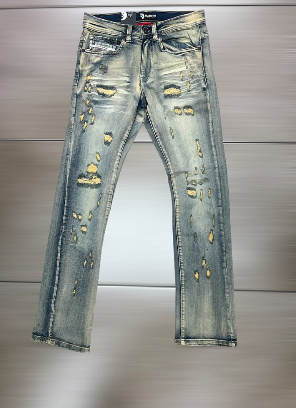 Makobi Mens Jeans - Light Blue Gold Distressed