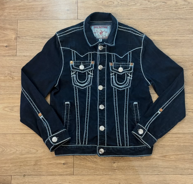 True Religion Black Denim Jacket - White Stitching