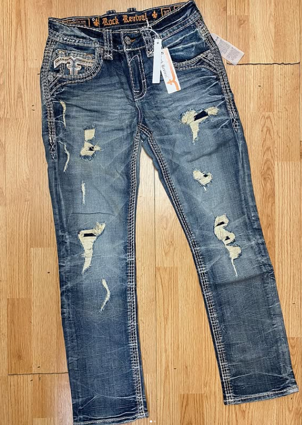 Rock Revival Jeans - Dark Wash Cream Distressed