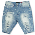 Light Blue Paint Splatter Distressed Jorts