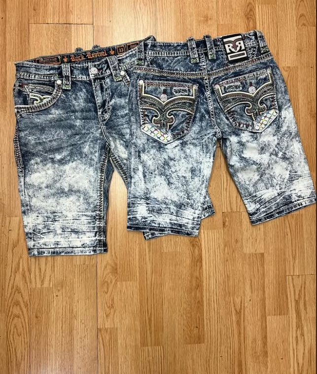 Rock Revival Acid Wash Embroidered Denim Shorts - Grey