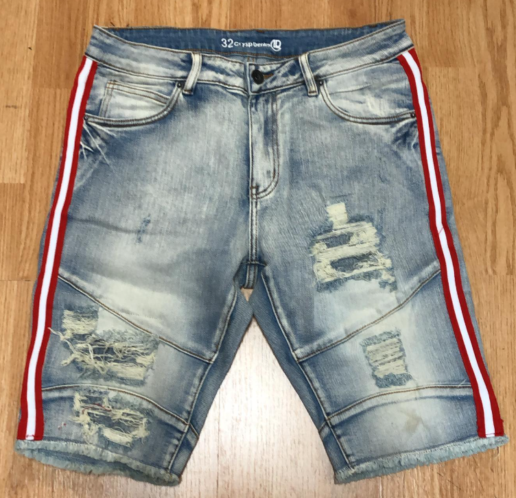 Crysp Denim Red Side Stripe Distressed Denim Shorts