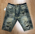 Olive Mud Wash Heavy Distressed Denim Shorts