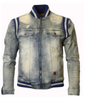 Light Blue Distressed Denim Varsity Jacket