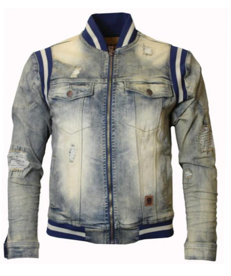 Light Blue Distressed Denim Varsity Jacket