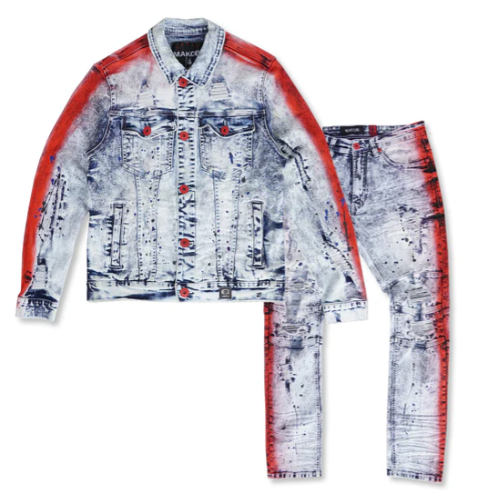 Distressed Denim Set - White/Red