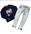 Hood Classy Outfit - Eagle Embroidered Sweatshirt & Light Wash Distressed Jeans
