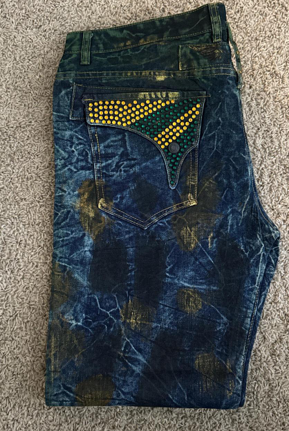 Robin's Jeans Green Yellow Rhinestone Distressed Denim