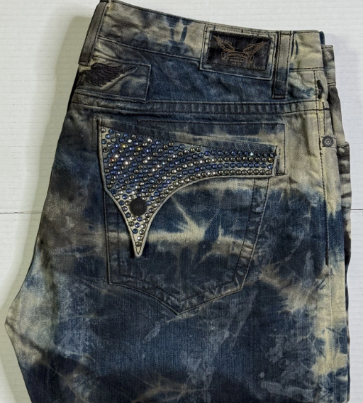 Robin's Jeans Blue Tie Dye Black Rhinestone V-Pocket Denim