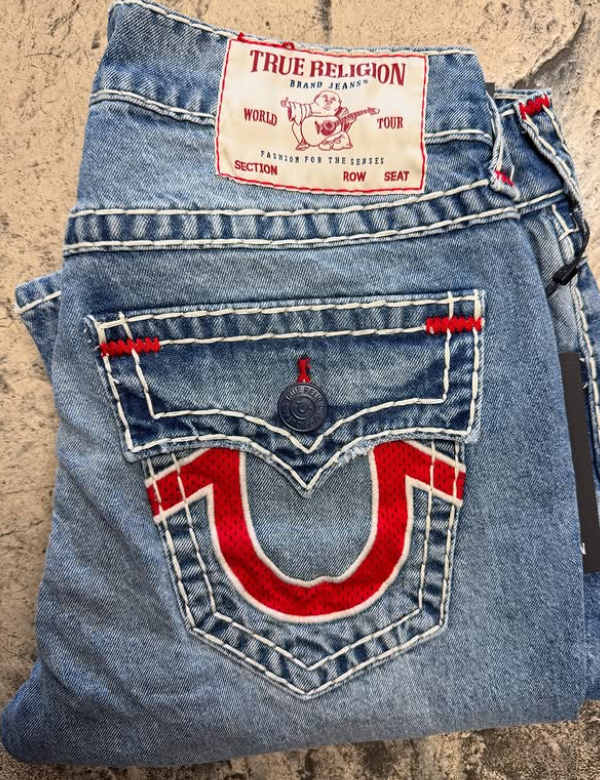 True Religion Straight Jeans (Light Blue Red Mesh Horseshoe)