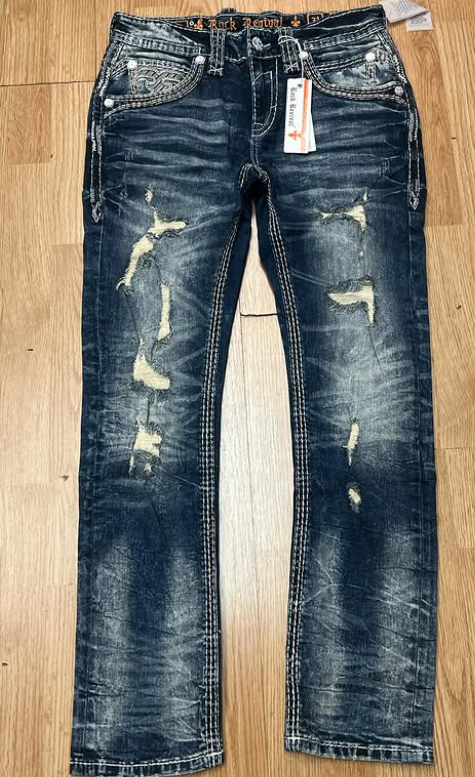 Rock Revival Dark Wash Heavy Ripped Straight Jean