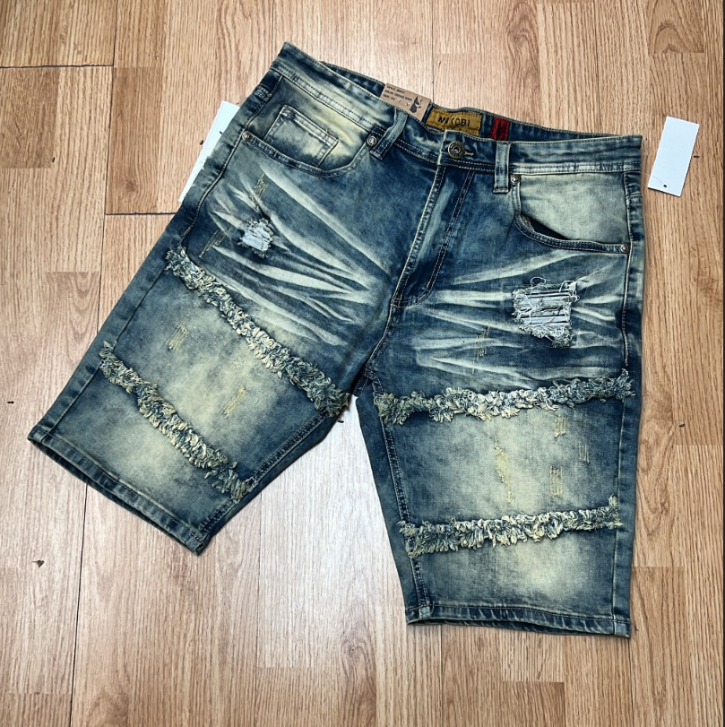 Makobi Blue/Gold Frayed Distressed Denim Shorts