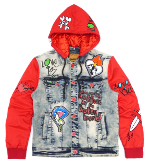 Graphic Hooded Denim Jacket - Red