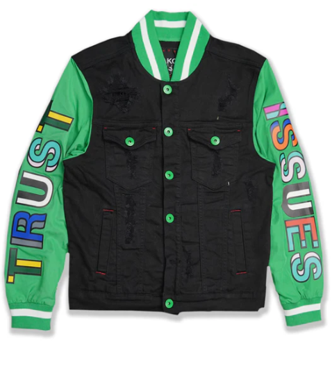 Trust Issues Varsity Denim Jacket - Black & Green