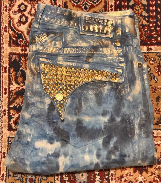 Robin's Jeans Blue Gold Tie Dye Gold Studded Denim