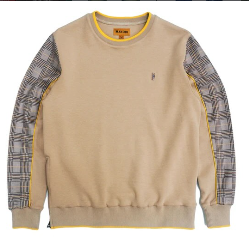 Makobi Mens Crewneck - Tan Plaid Sleeve