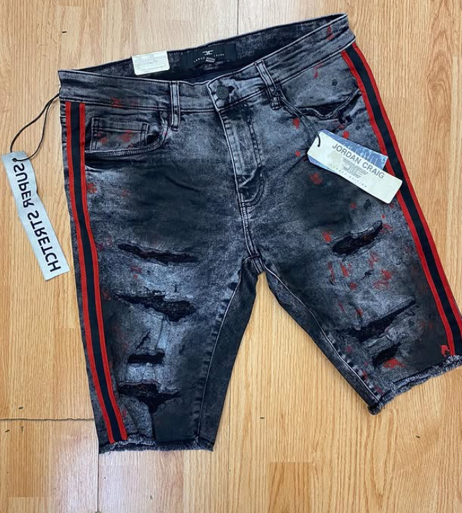 Jordan Craig Grey Red Stripe Distressed Denim Shorts