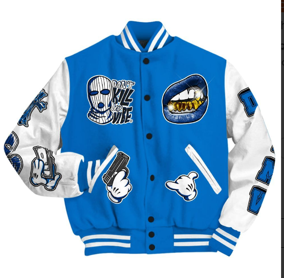 Don't Kill My Vibe Varsity Jacket - Blue/White