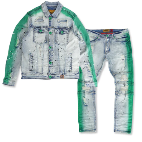 Distressed Denim Set - Green Splash