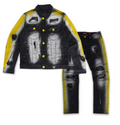 Distressed Denim Set - Black/Yellow