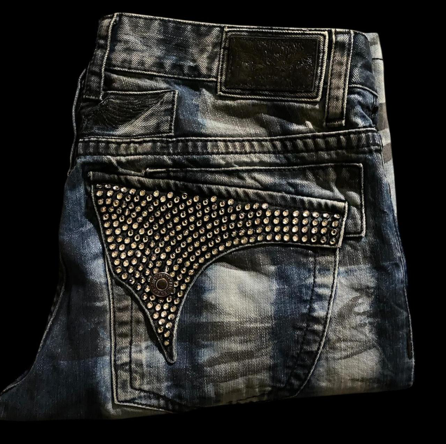 Robin's Jeans Dark Camo Silver Studded Denim