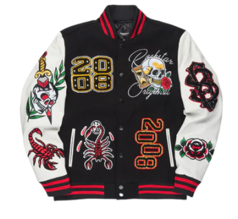 Black & White Rockstar 208 Tattoo Varsity Jacket