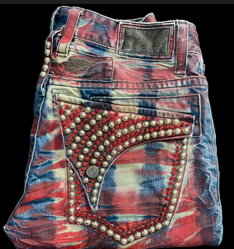 Robin's Jeans Red White Tie Dye Red Rhinestone Denim