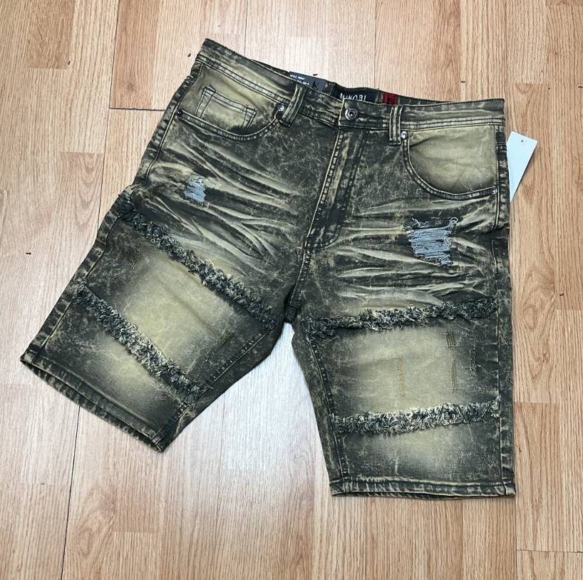 Makobi Olive/Gold Frayed Distressed Denim Shorts