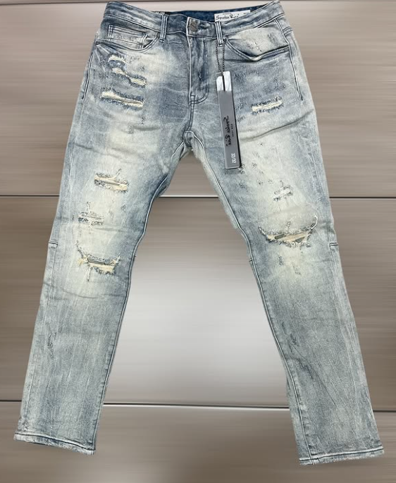 Smoke Rise Slim Jeans (Light Blue Heavy Multi-Rip Crystal)